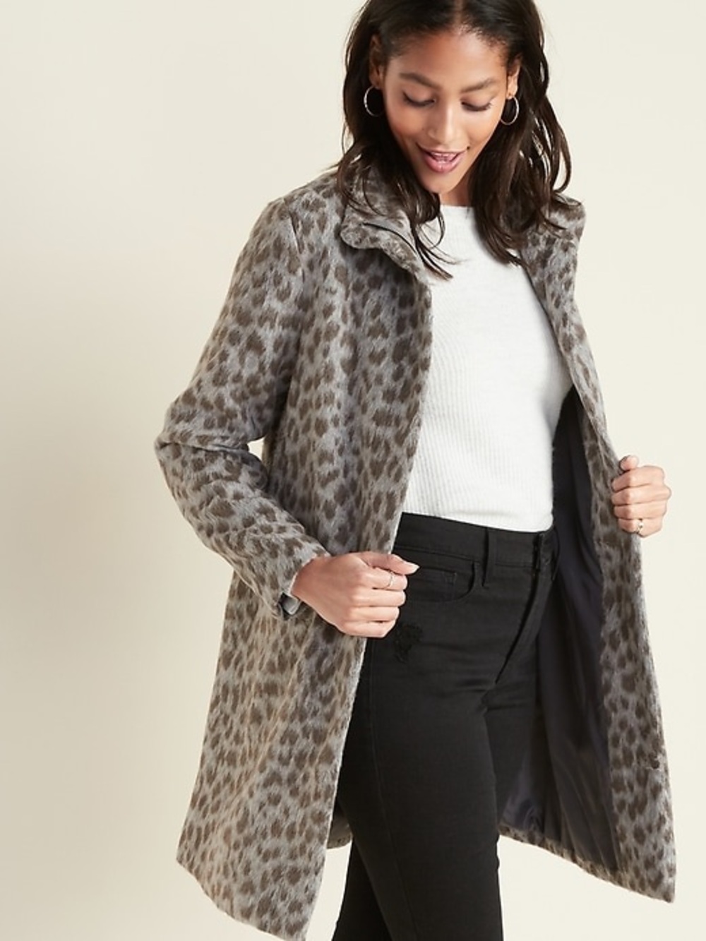Funnel Neck Leopard Print Long Wool-Blend Coat - Gray